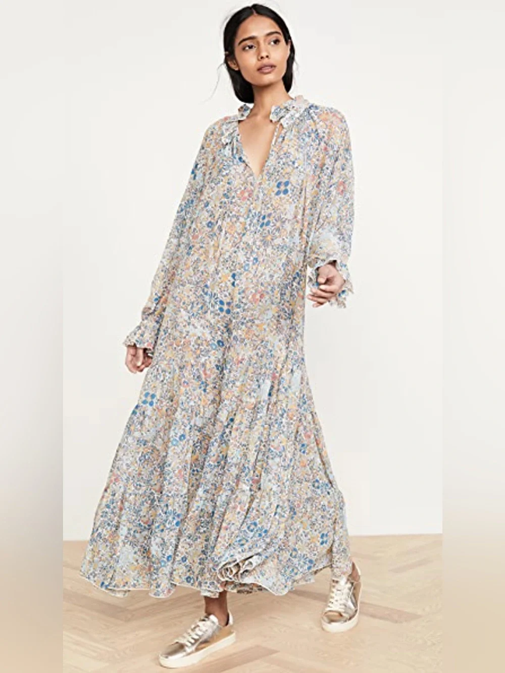 Free People Feeling Groovy Floral Ruffled Maxi Dress Soft Blue, Cream Size L